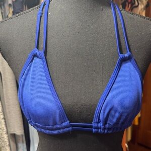 Blue Ribbed T-back  Bikini Top